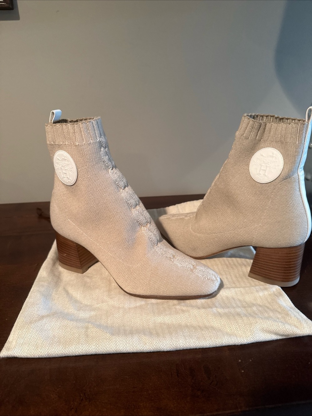 HTF Authentic Hermes Volver 60 Knit Ankle Boots Beige Block Heel Size EU 36 US 6